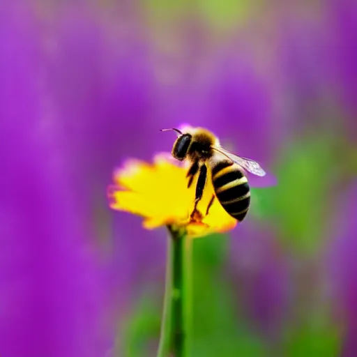 Image similar to a bee landing on bright purple flowers with a yellow center, close up dslr photo