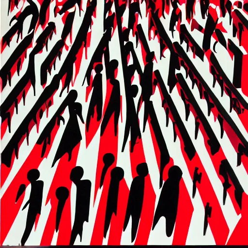 Prompt: crowd people go to work, by saul bass, red black white colors