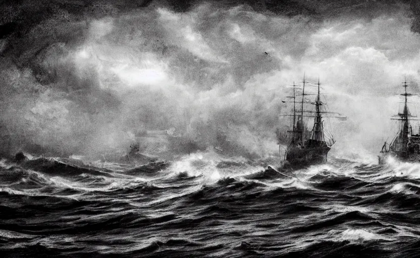 Prompt: middle of the ocean, large waves, battle between two 1800s ships, side by side, no land, dark skies, close up shot, at dusk, 4k, rule of thirds, extreme detail, hazy, water splash, intricate ink illustration, surreal, straight horizon, surrealist, trending on artstation, cgsociety, hd, complimentary colours, realistic lighting, by Albert Bierstadt, Frederic Edwin Church.