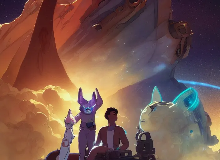 Image similar to a space handsome gay guys and their 1 0 pet space cats staring role in a musical sci - fi space opera ghibli animated film, volumetric lighting, octane render by stanley artgerm lau, greg rutkowski, thomas kindkade, alphonse mucha, loish, norman rockwel, 8 k greg rutkowski