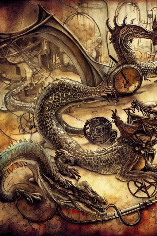 Prompt: hyper realistic old dying dragon lying down on a steam punk apparatus, art by jon foster