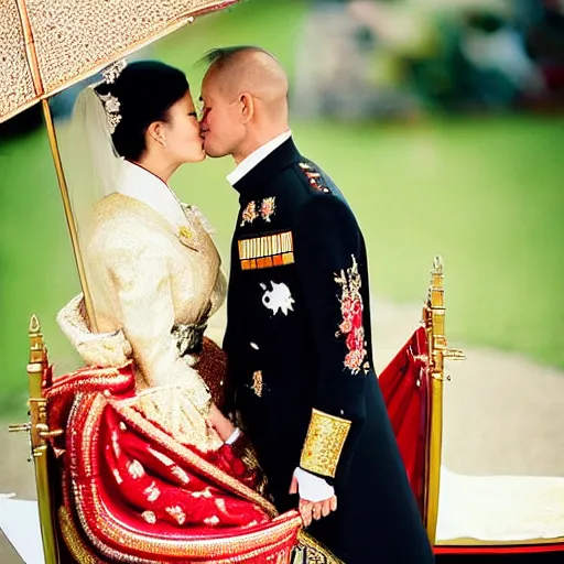 Image similar to An extreme long shot wide shot, colored black and white Russian and Japanese mix historical fantasy a photograph portrait taken at the empress and emperor's royal wedding on their carriage trip back to the palace, they had a private moment together, golden hour, warm lighting, 1907 photo from the official wedding photographer for the royal wedding.
