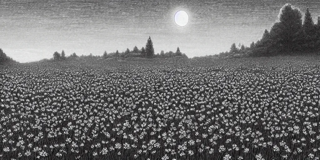 Image similar to A serene flower field at night by Kentaro Miura, highly detailed, black and white