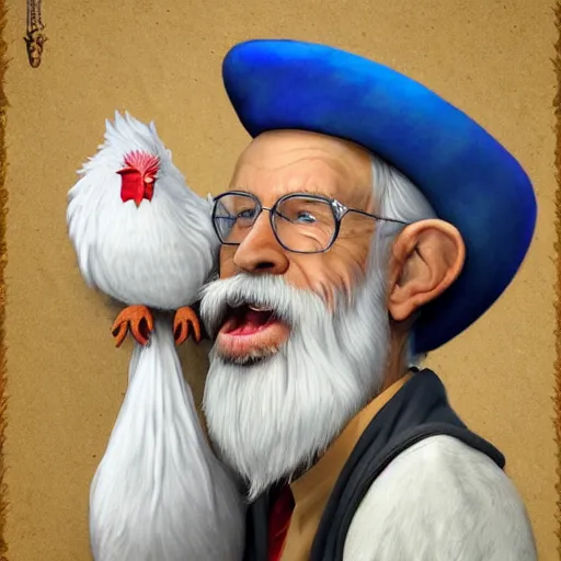 Prompt: a kind old wizard with a long white beard looking a confused, holding a pet chicken perched top of his hat, wearing a blue robe, realistic, detailed, trending on ArtStation, by Tony Sart