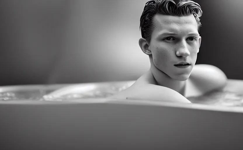Image similar to photographic portrait by Annie Leibovitz of Tom Holland in a hot tub, foggy, sepia, moody, dream-like, sigma 85mm f/1.4, 15mm, 35mm, 4k, high resolution, 4k, 8k, hd, full color