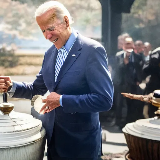 Image similar to joe biden standing over a bubbling and glowing magical pot