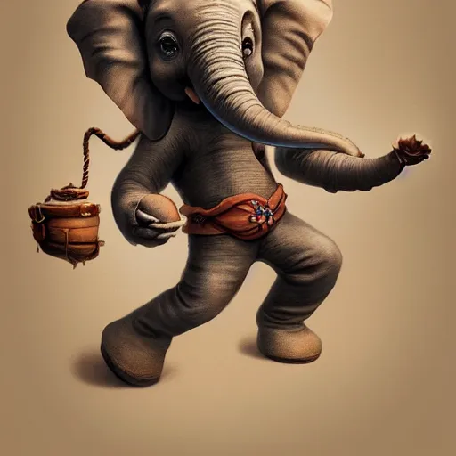 Image similar to A adorable whimsical elephant wearing adventurer's clothing, expressive pose, highly detailed, digital painting, artstation, concept art, smooth, sharp focus, studio light, by Justin Gerard,