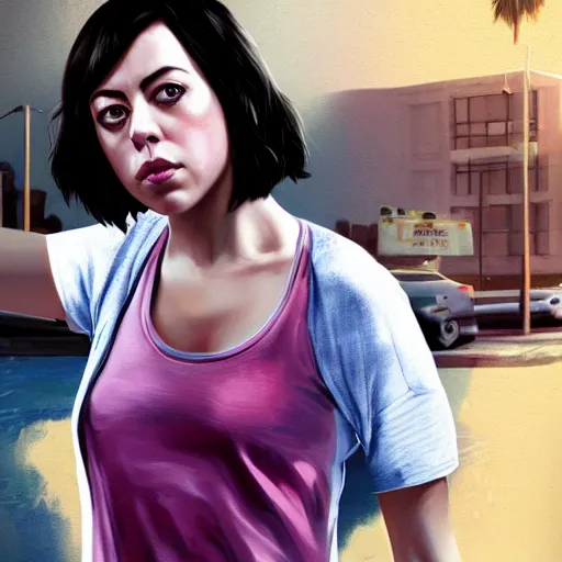 Image similar to screenshot of aubrey plaza in gta v, realistic painting, high definition, digital art, matte painting, very detailed, concept art, pixiv, deviantart, artstation, illustration, realistic