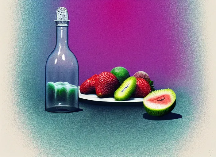 Prompt: ( ( dithered ) ), strawberries blueberries sliced kiwi sliced lemon inside a clear drinking bottle, isometric, modern art deco, mads berg, karolis strautniekas, christopher balaskas, stippled light, fog, moody, fine texture, editorial illustration, dramatic lighting, dynamic composition, detailed, matte print, muted color