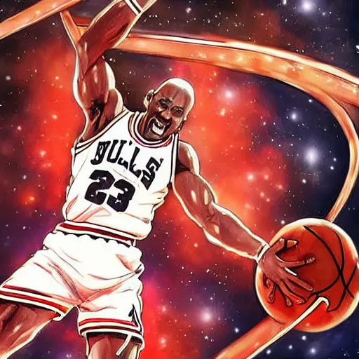 Image similar to digital painting of michael jordan dunking a basketball in space, by takehiko inoue and studio ghibli, highly detailed, science fiction, anime, ghost in the shell color scheme, masterpiece