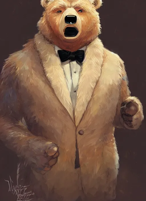 Prompt: donald trump in a bear fursona suit, by artgerm, by mucha, by greg rutkowski