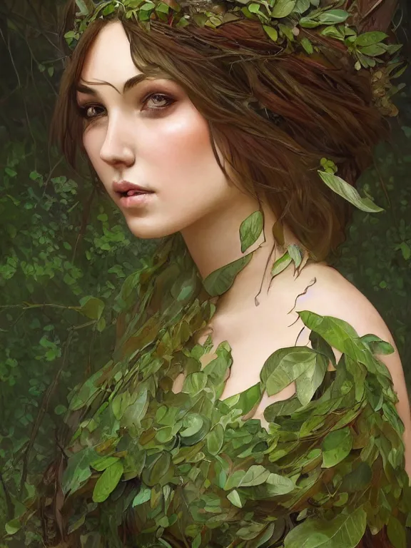 Prompt: bakcview portrait of a forest mage, female, delicated facial features, dress made of green leaves, gorgeous, green hair, brown skin, curves, shapely derriere, forest background, highly detailed, digital painting, artgerm and greg rutkowski and alphonse mucha