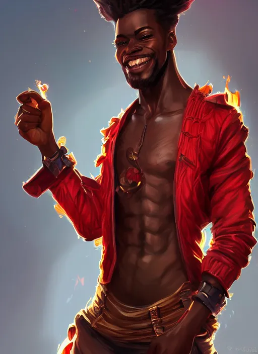 Image similar to a highly detailed illustration of attractive top cut haired african guy wearing red jacket, flaming eyes, dramatic smile pose, intricate, elegant, highly detailed, centered, digital painting, artstation, concept art, smooth, sharp focus, league of legends concept art, wlop