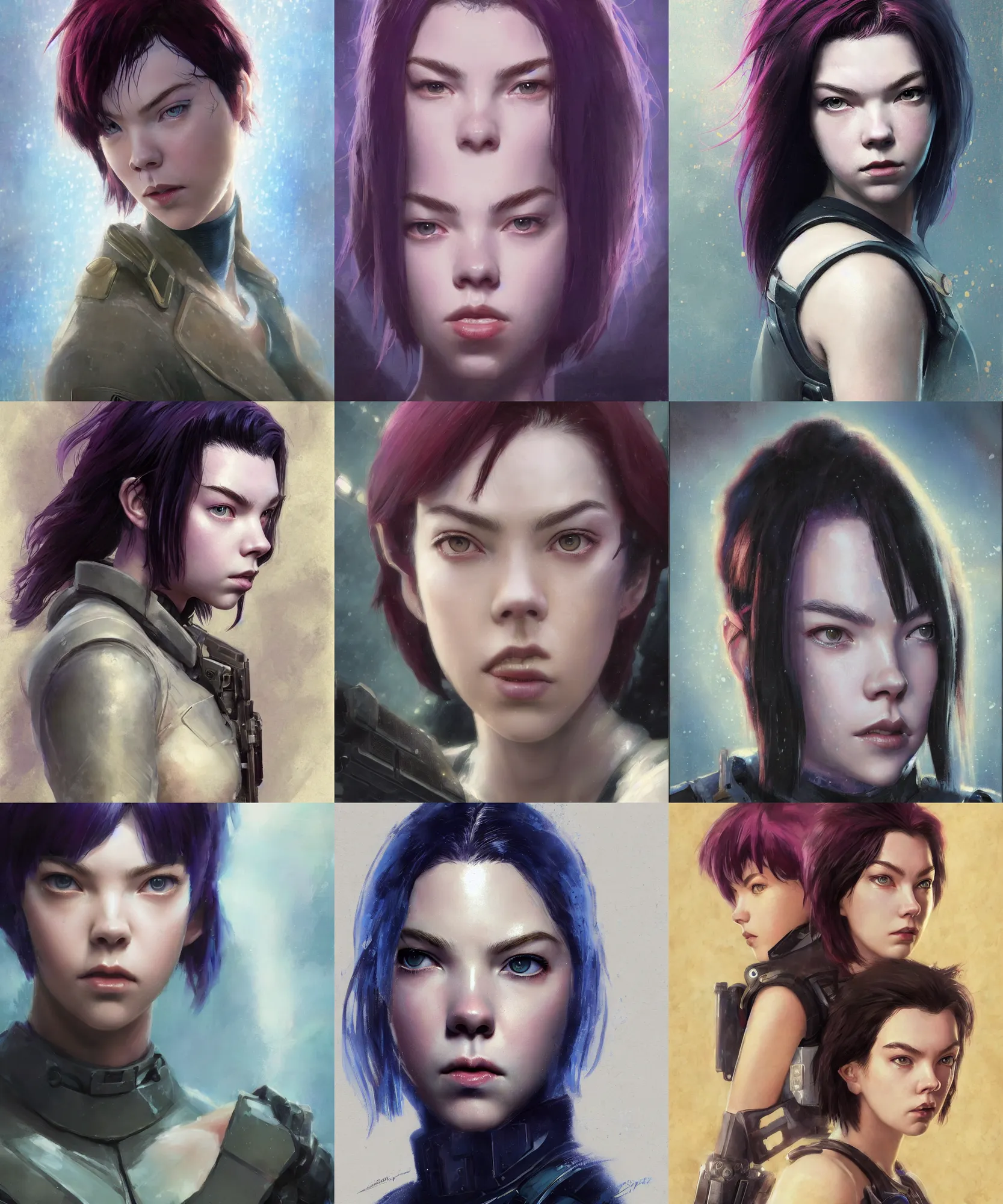 Prompt: digital art painting of anya taylor joy as motoko kusanagi, wearing a police officer costume dnd portrait painted by craig mullins and gaston bussiere and greg rutkowski, dramatic lighting, symmetrical facial features, symmetrical face, defined facial features, close up