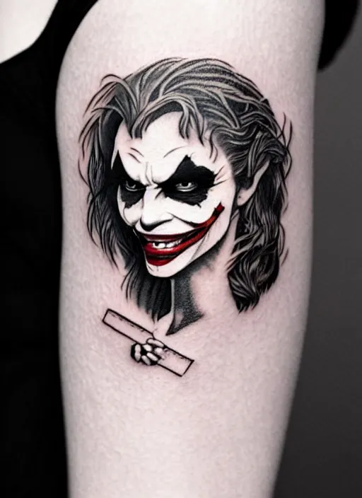Image similar to a tattoo design of a joker girl holding an ace, hyper realistic, black and white