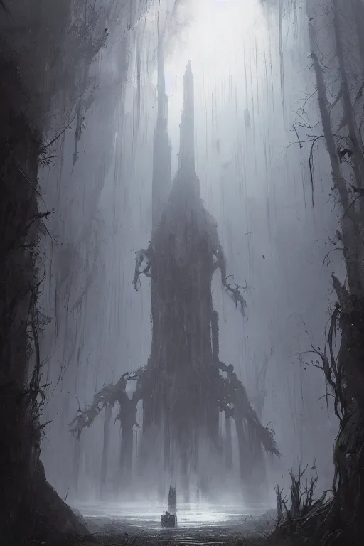 Image similar to a humanoid giant with four arms and bird feet | ruined cathedral | misty swamp | fantasy concept art by greg rutkowski