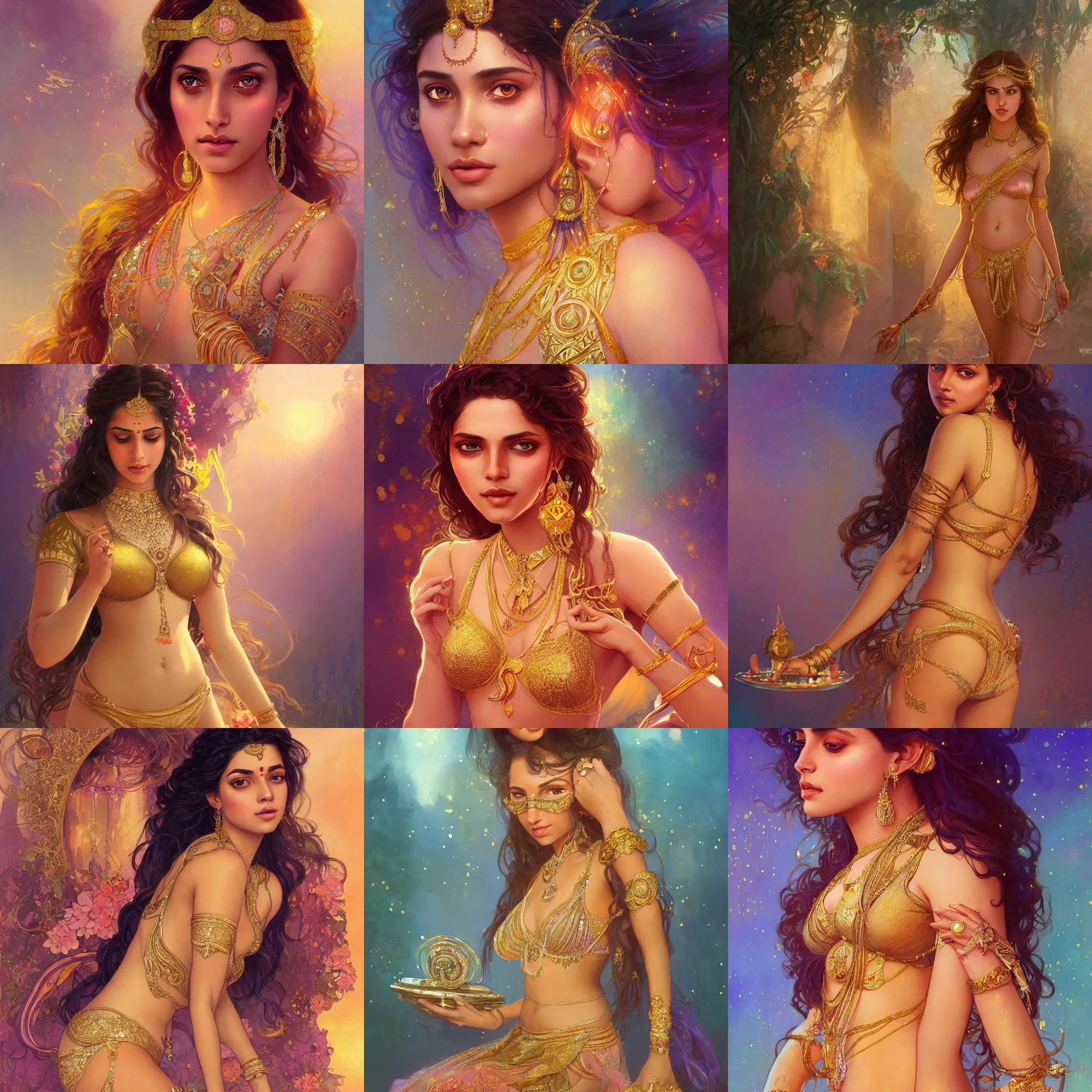 Prompt: beautiful alluring indian princess with sparkling eyes, full body portrait, highly detailed, gold intricate bikini, fantasy, soft cinematic lighting, award, disney concept art, watercolor illustration by mandy jurgens and alphonse mucha and alena aenami, pastel color palette, featured on artstation