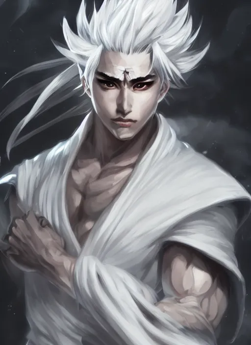 Prompt: a highly detailed illustration of fierce white haired attractive young japanese man wearing white hakama, black eyes, dramatic pose, muscular, intricate, elegant, highly detailed, centered, digital painting, artstation, concept art, smooth, sharp focus, league of legends concept art, wlop
