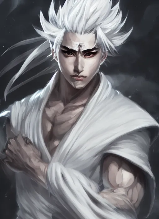 Create an anime portrait of a young man who is very muscular, handsome,  with skin as white as snow, short black hair, and dressed in a black -  AI Generated Artwork 