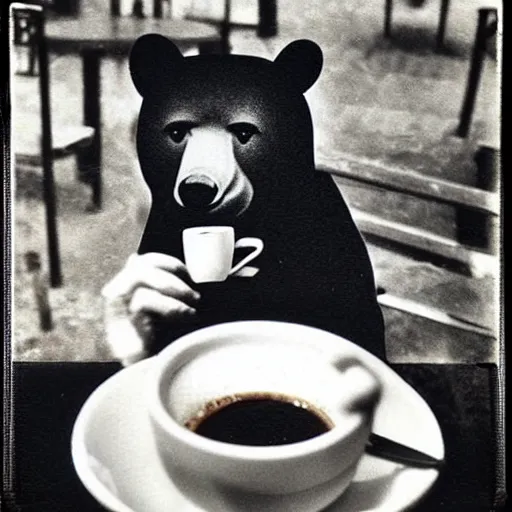 Image similar to a very beautiful old Polaroid picture of a bear drinking coffee inside a coffee shop, award winning photography, damaged