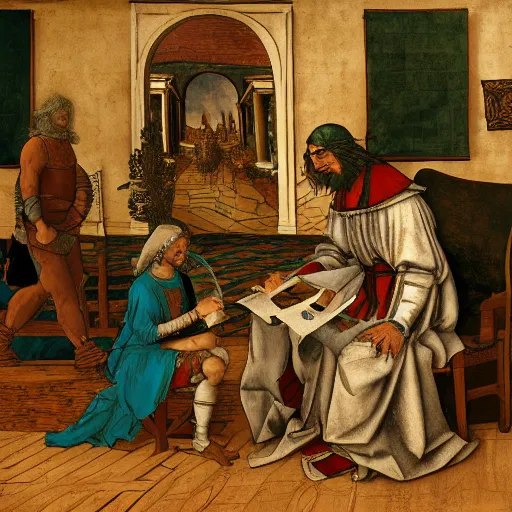 Prompt: leonardo davinci and the shredder hosting a podcast, intricate, highly detailed, comic book and renaissance art style, 4 k, concept art, table with microphones