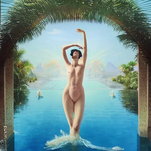 Prompt: masterpiece, hyperrealistic surrealism, award winning masterpiece with incredible details, epic stunning, infinity pool, a surreal vaporwave liminal space, highly detailed, trending on ArtStation, calming, meditative, pink arches, flowing silk sheets, palm trees, very vaporwave, very very surreal, sharp details, dreamscape, artgerm and greg rutkowski and alphonse mucha, daily deviation, IAMAG