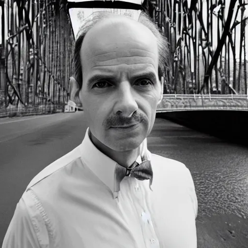 Image similar to Candid portrait photograph of Professor Moriarty standing on a bridge, accurate face, correct face, symmetrical face, taken by Annie Leibovitz