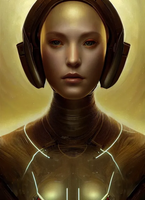 Prompt: portrait of a beautiful female android, coy, circuitry visible in head, in the style of ex machina, karol bak, botticelli, raphael, greg rutkowski, artstation,