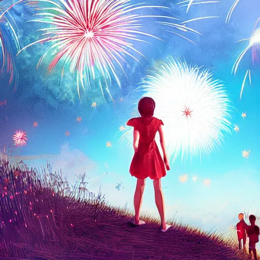 Image similar to girl watching watching fireworks on a hill, digital art, by richard estes, akiyuki shinbou, yoshitaka amano highly detailed, realistic, cinematic, bold colours, photorealism, 4 k, wide angle lens