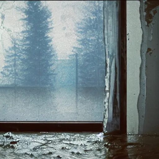 Prompt: an air conditioner above a window in a teenager's room flooding dirty water, blurred, faded, depth of field, ultra realistic, very detailed, by gerhard richter, neo rauch and nadav kander, 8 k hyper realistic detailed cinematic still