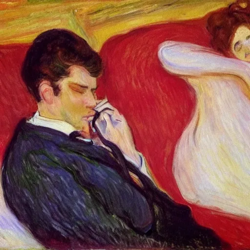 Image similar to lady with brown hair can't sleep because husband in is snoring in bed, expressive oil painting by edvard munch and claude monet