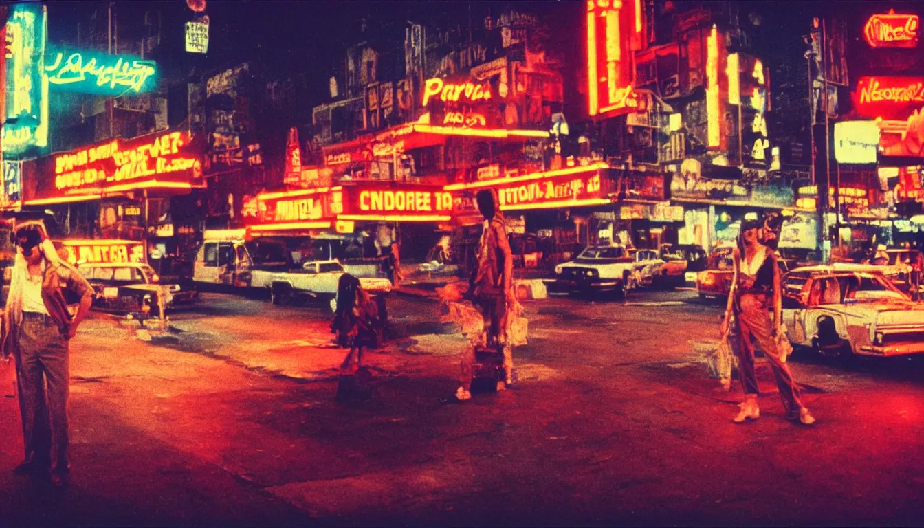 Image similar to 8 0 s polaroid photo, cinema still from movie taxi driver, sleazy man watching night streets, neon signs, colorful haze, americana, high production value, 8 k resolution, hyperrealistic, photorealistic, high definition, high details, tehnicolor, award - winning photography, masterpiece, amazing colors