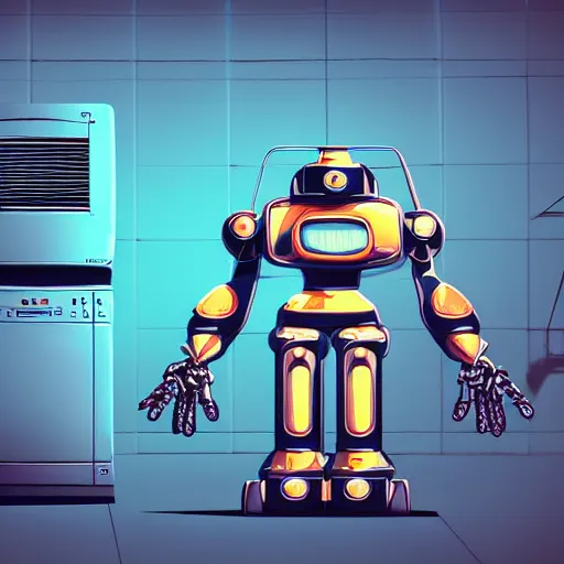 Prompt: retrofuture illustration of giant robot monster from trash household appliances. washing machine as part of the robot body. microwave as robot head. robot hands from vacuum cleaner hoses. rich colors, high contrast, gloomy atmosphere, black background. trending on artstation. unreal engine. octane render