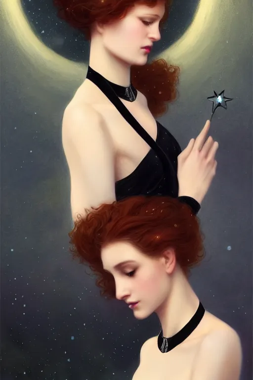 Image similar to Nocturne, glowing, stars, a long-legged elegant sultry woman, long auburn hair, pearl choker, tiara, highly detailed, mysterious, ethereal, dressed in black velvet, haute couture, illustration, dramatic lighting, soft details, painting, by Edmund Blair Leighton, Brom, Charlie Bowater, trending on artstation, faces by otto schmidt