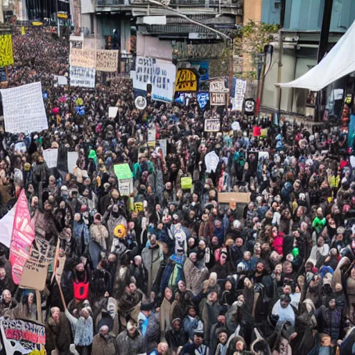 Image similar to 8 k uhd pictures as bunch of sewer rats make a protest, higly photorealistic details, highly details form, highly details content