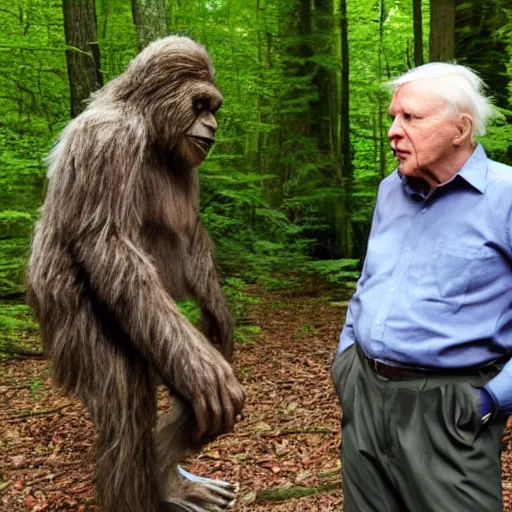 Prompt: Sir David Attenborough in the woods with Bigfoot Sasquatch