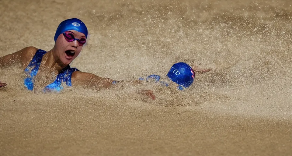 Image similar to olympic swimming in sand instead of water, extremely coherent, motion blur