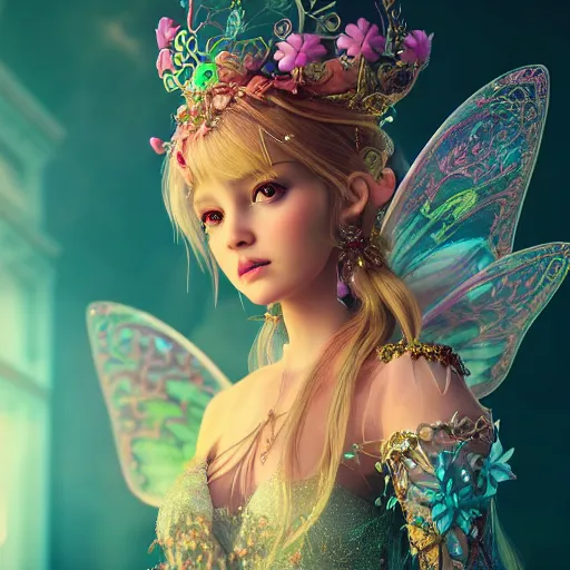 Image similar to portrait of fairy princess, beautiful, attractive, glowing, ornate and intricate, jaw dropping, dynamic lighting, colorful, fairy tale, intricate and detailed, 4 k octane render