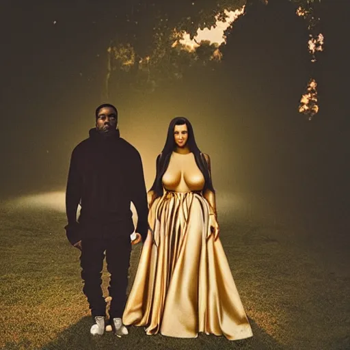 Prompt: Kanye West and Kim Kardashian in the middle of a garden, vintage camera, dreamy, atmospheric, golden hour, cinematic lighting, 8K concept art