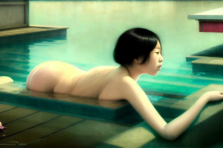 Prompt: Asian girls dreaming of blooming at a swimming pool, dark mood, John Singer Sargant, by Bastien Lecouffe-Deharme, James Jean, Edward Hopper, trending on artstation, Peter Doig, 4k, 8k, HD