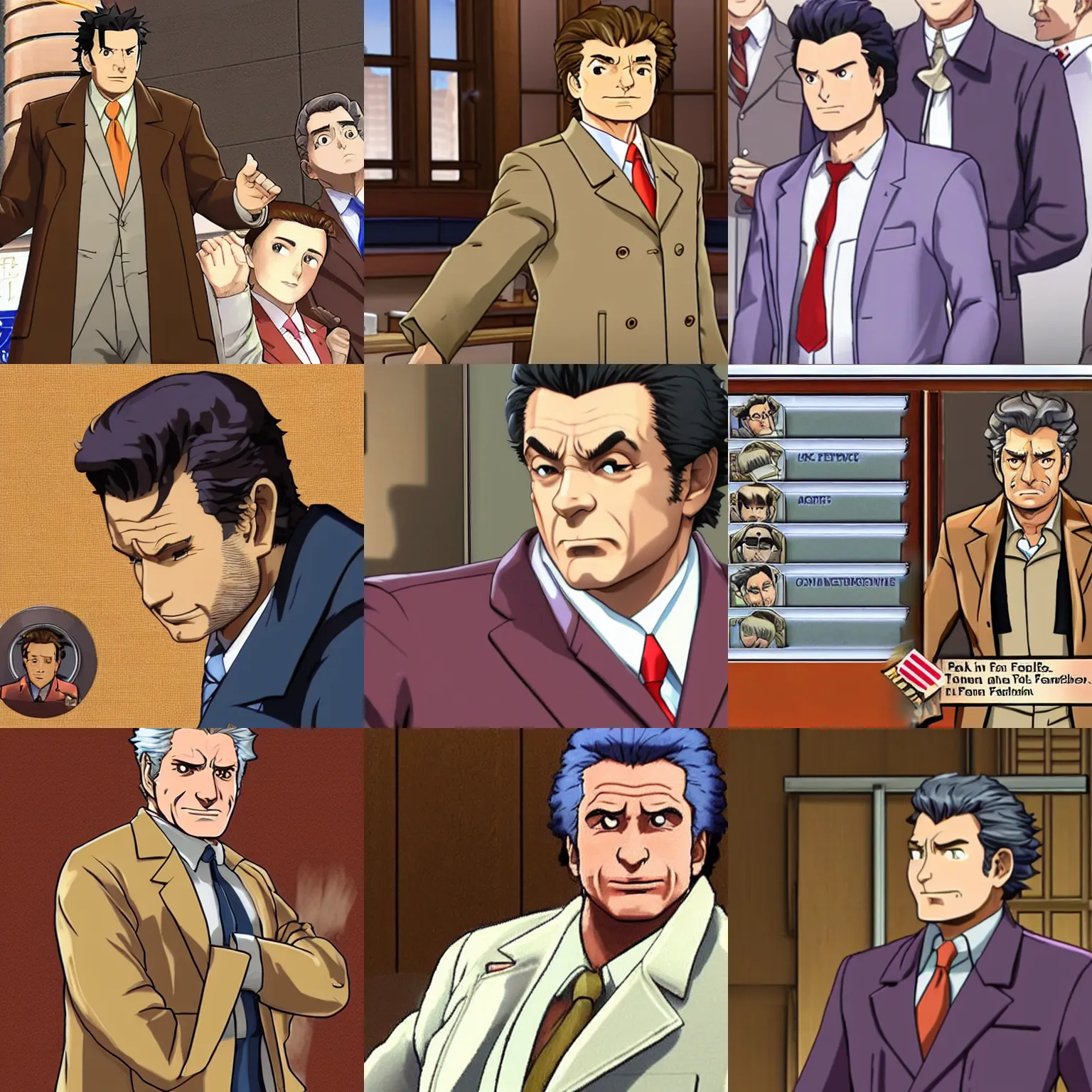 Prompt: peter falk in a tan trenchcoat in phoenix wright ace attorney