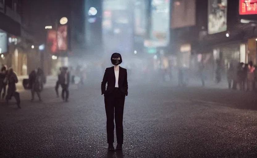 Prompt: a wide shot of a woman with a wool suit, very short dark hair, blurred face, wearing an omega speedmaster on her wrist in front of a crowded dystopian city full of people walking at night with fog and cyberpunk lights