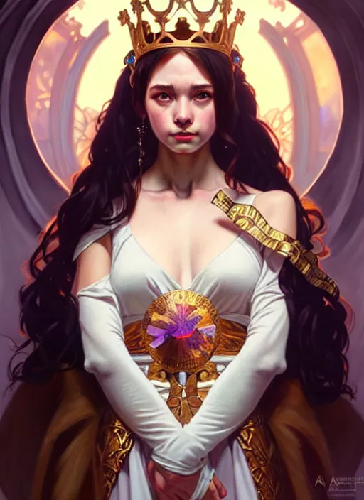 Image similar to hannah owo as queen, incredibly detailed face, pretty face, light dress, true anatomy, art by artgerm and greg rutkowski and alphonse mucha