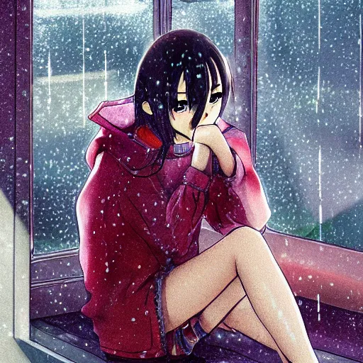 Prompt: girl sitting nearby a windowing, rainy outside, detailed, very anime, very fine face, strong lighting, by artists.