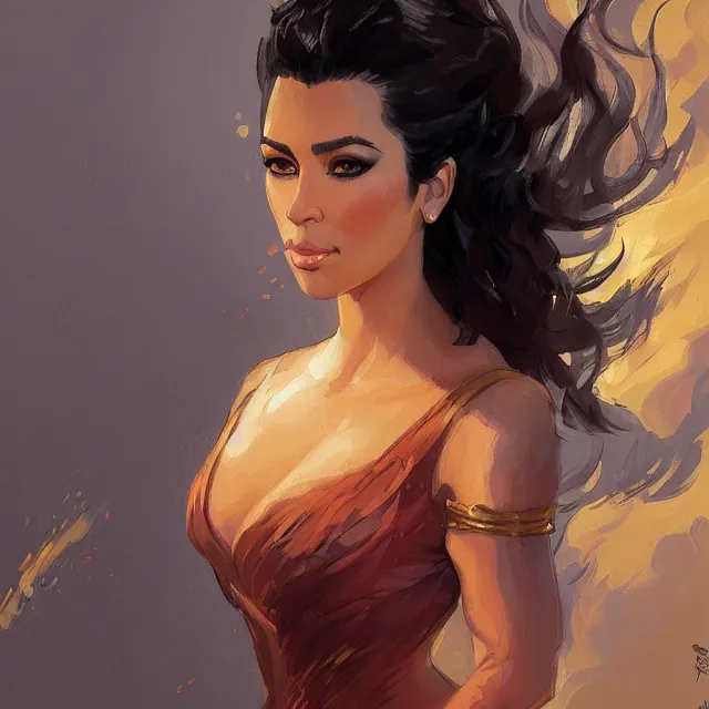 Image similar to Kim Kardashain as a firebender, portrait, elegant, intricate, digital painting, artstation, concept art, smooth, sharp focus, illustration, art by konstantin korovin and Daniel F. Gerhartz and john howe