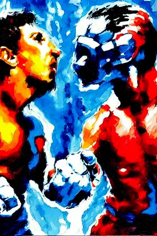 Image similar to fight between rocky balboa and terminator t 1 0 0 0, painting in the style of leroy neiman