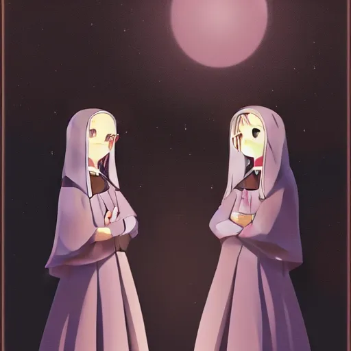 Image similar to two identical female nuns outside at night, viewed from above, clean detailed anime art