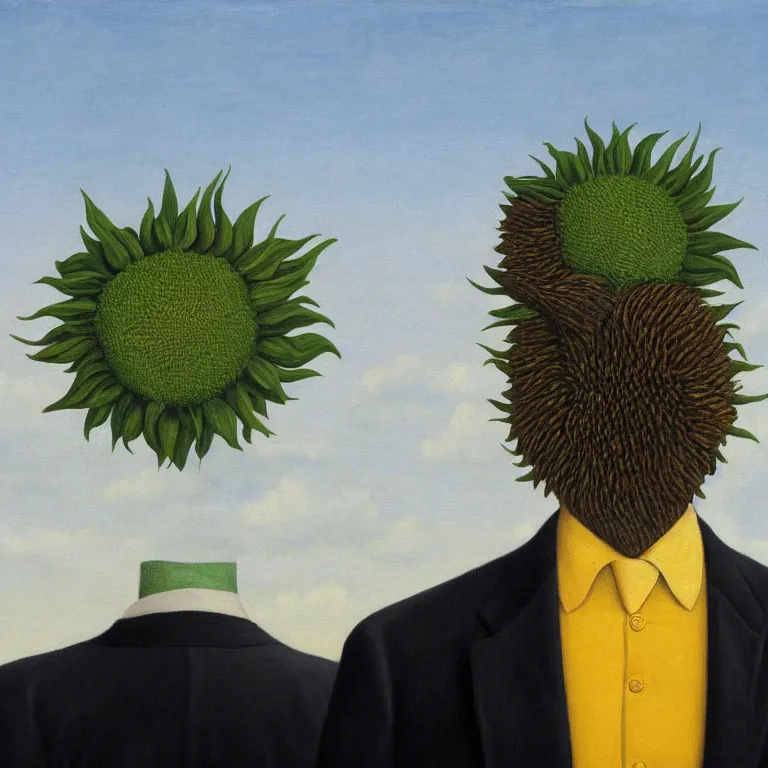 Image similar to portrait of a faceless sunflower - head man in a suit, clouds in the background, by rene magritte, detailed painting, distance, centered, hd, hq, high resolution, high detail, 4 k, 8 k