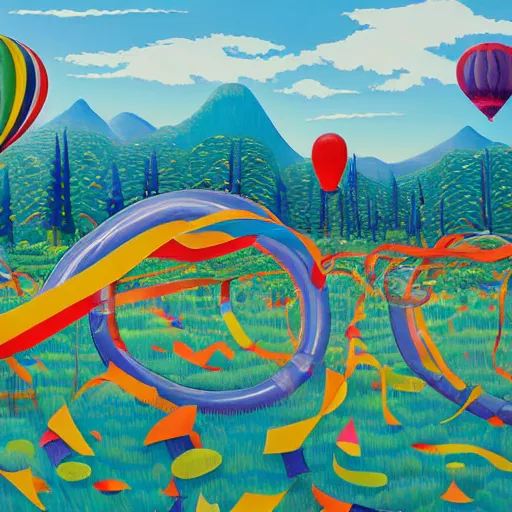 Image similar to inflatable landscape with forest, river and mountains in the middle of the frame colossal balloon with number 6 surrounded by colorful ribbons and party confetti , concept art, huge scale, high detail, sci fi by James Jean