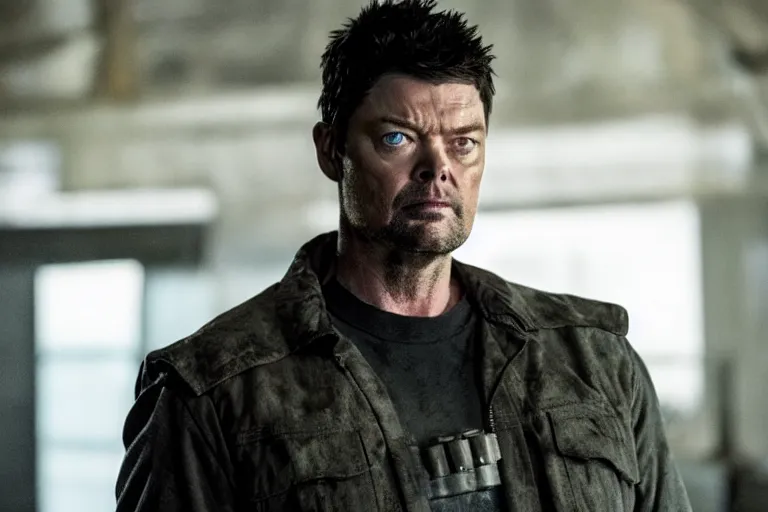 Prompt: a film still of Karl urban in punisher, high quality
